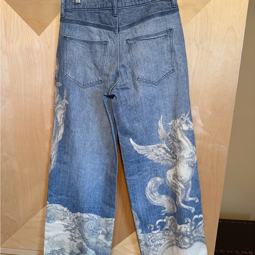 Anthropologie Blue Denim Wide-Leg Jeans with Beige Baroque Motif - Picture 3 of 5